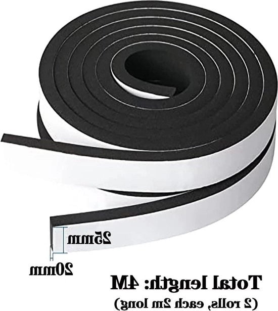 Striscia di sigillazione autoadesiva 25 mm (L) x 20 mm (A) nera - blocco porte - sigillazione silenziosa - 2 rotoli da 4 m