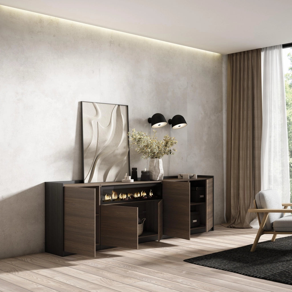 Credenza, Mobile, Cucina, 260x80x37 cm, 5 Porte, Camino elettrico, Rovere scuro e Nero