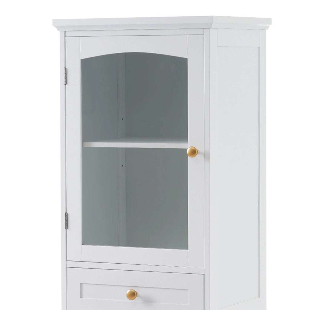 Armadio da bagno in MDF e vetro, 45 x 36 x 160 cm, bianco, con 2 cassetti e ripiani regolabili