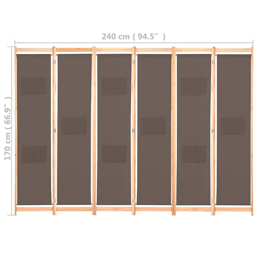 Divisorio Ambienti | Divider per stanze | Paravento a 6 Pannelli Marrone 240x170x4 cm in Tessuto