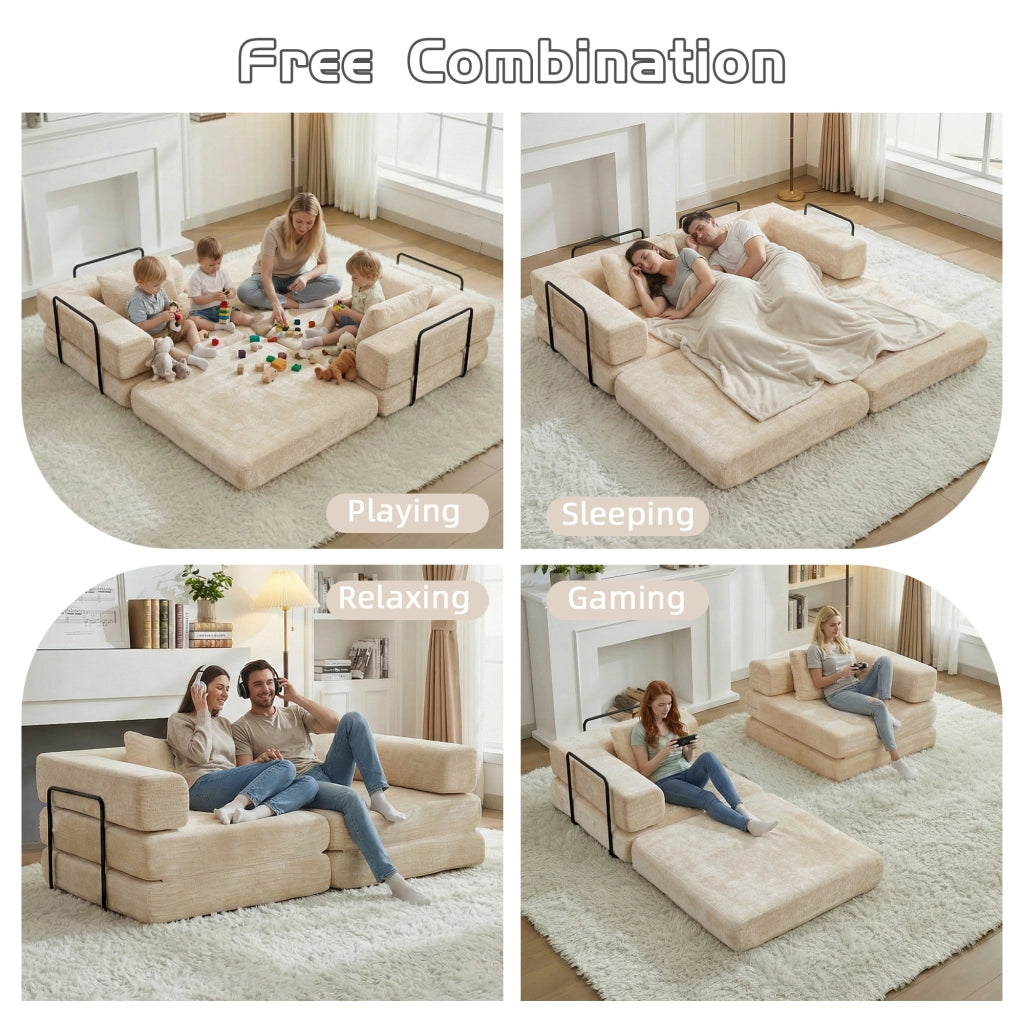 Divano letto modulare pieghevole senza montaggio in ciniglia beige per salotto camera ufficio e sala giochi