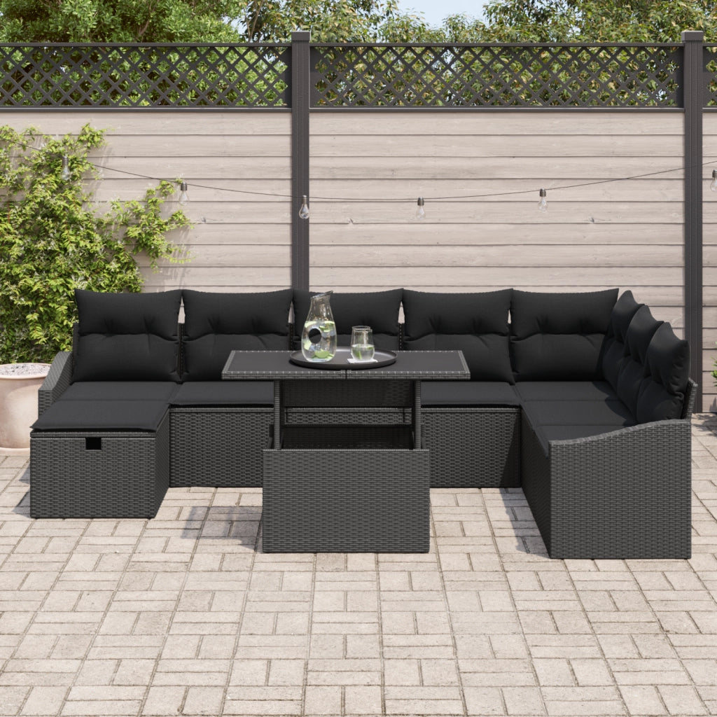 Set di divani da giardino 9 pezzi con cuscini Nero in rattan sintetico