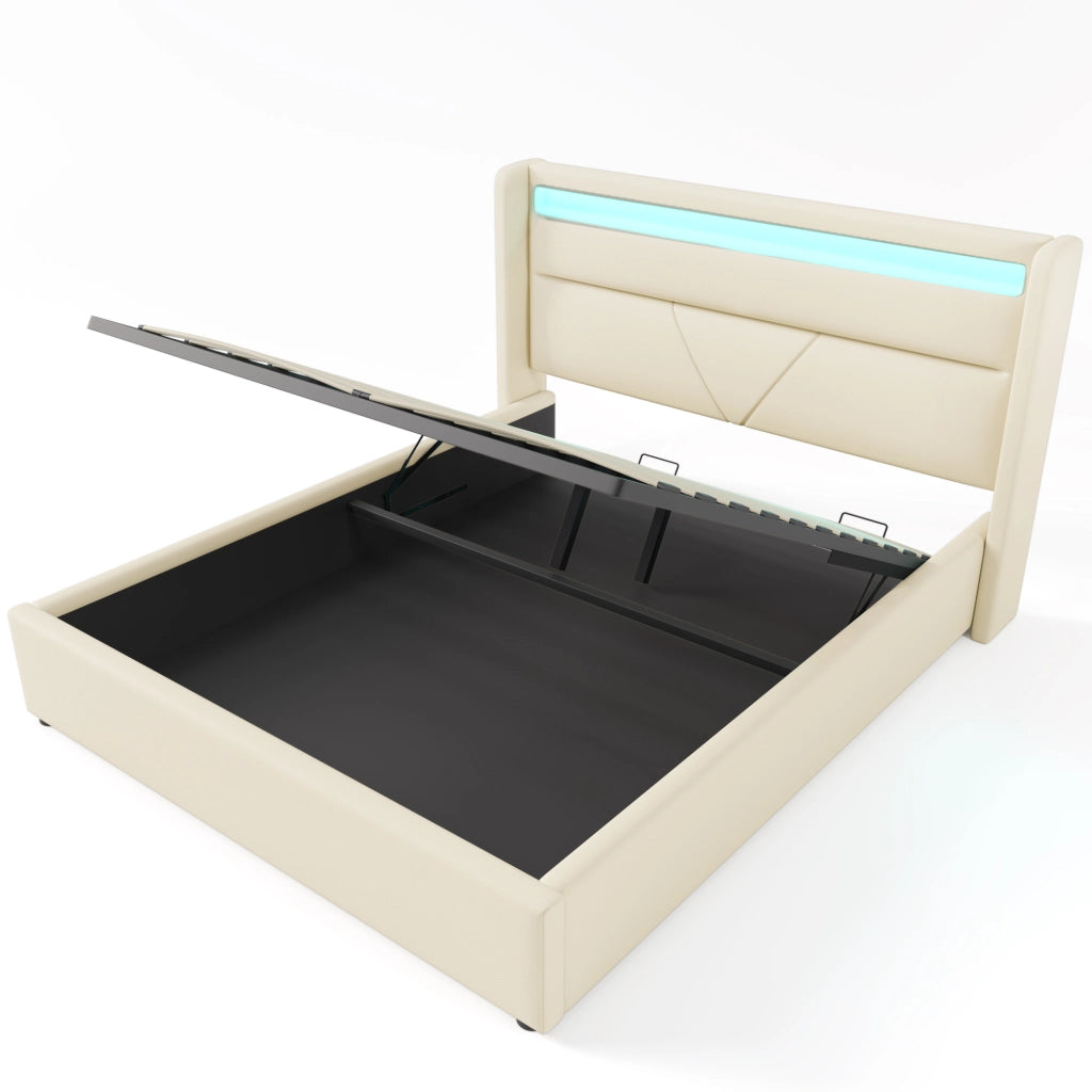 Letti contenitori 140x200 cm; contenitore sollevabile con LED; PU bianco (Senza materasso)