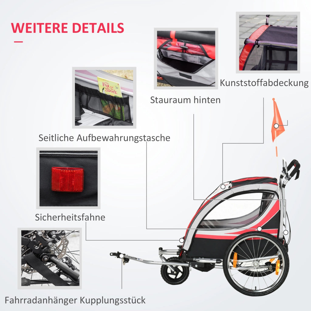 Carrello per Biciclette Bambini 2 in 1 con Funzione Jogger ¨C zephmum ¨C Rosso e Nero 142x75x101 cm