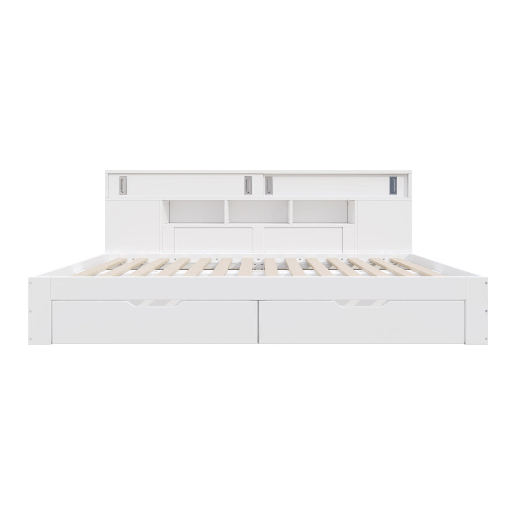 Letto singolo 90x200 cm con cassetti e vani contenitore; MDF; bianco (Senza materasso)