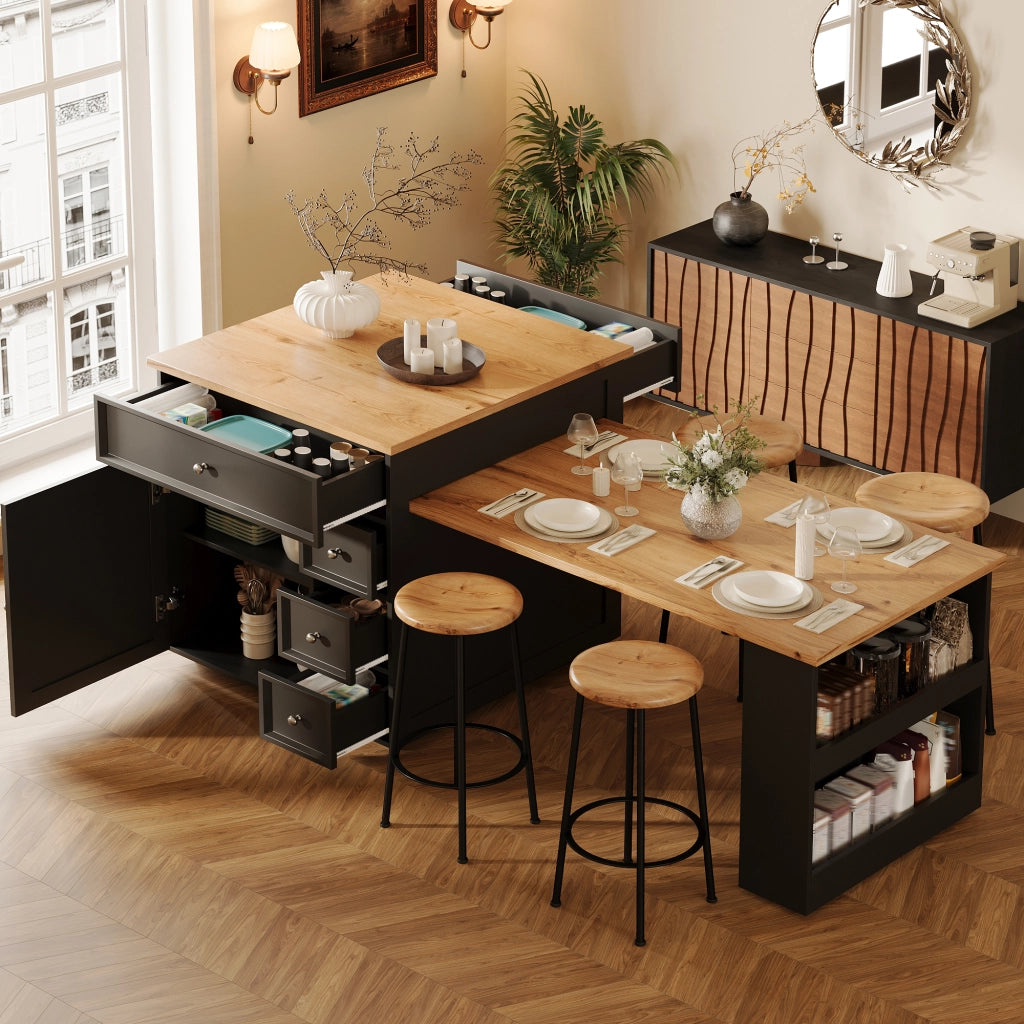 Isola Cucina Allungabile con Cassetti e Ruote ¨C MINIMAL ¨C Piano Effetto Legno, Nero, 120-184 cm