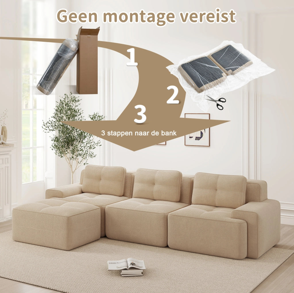 Divano modulare Cloud in velluto a coste beige con seduta profonda e design senza braccioli, 2 posti