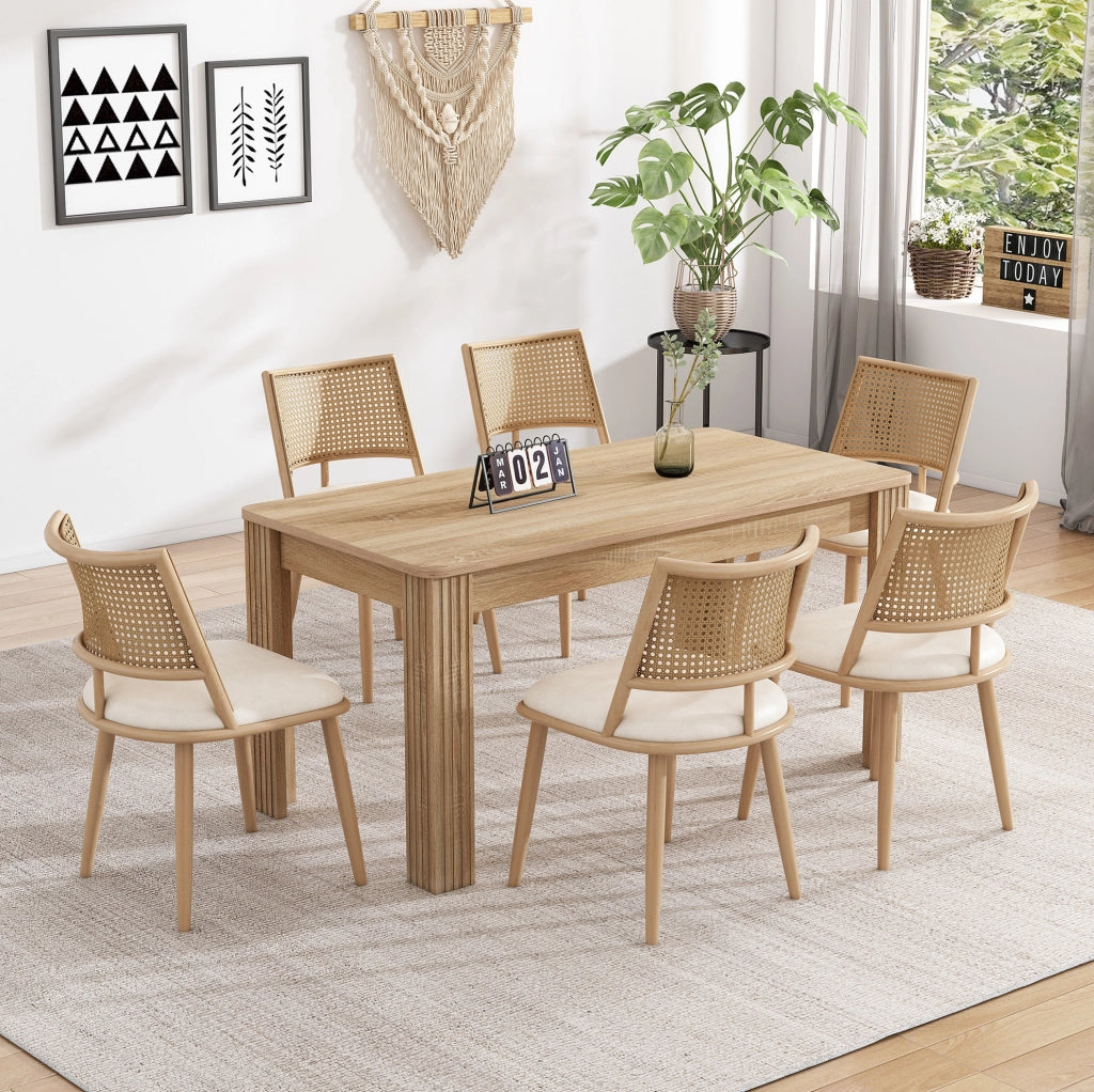 Set di 6 sedie da pranzo in rattan con seduta in PU; beige