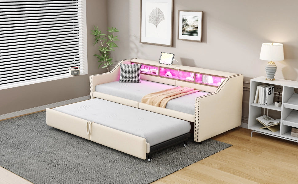 LETTO Divano estraibile 90/180x200 cm in tessuto beige con USB e LED