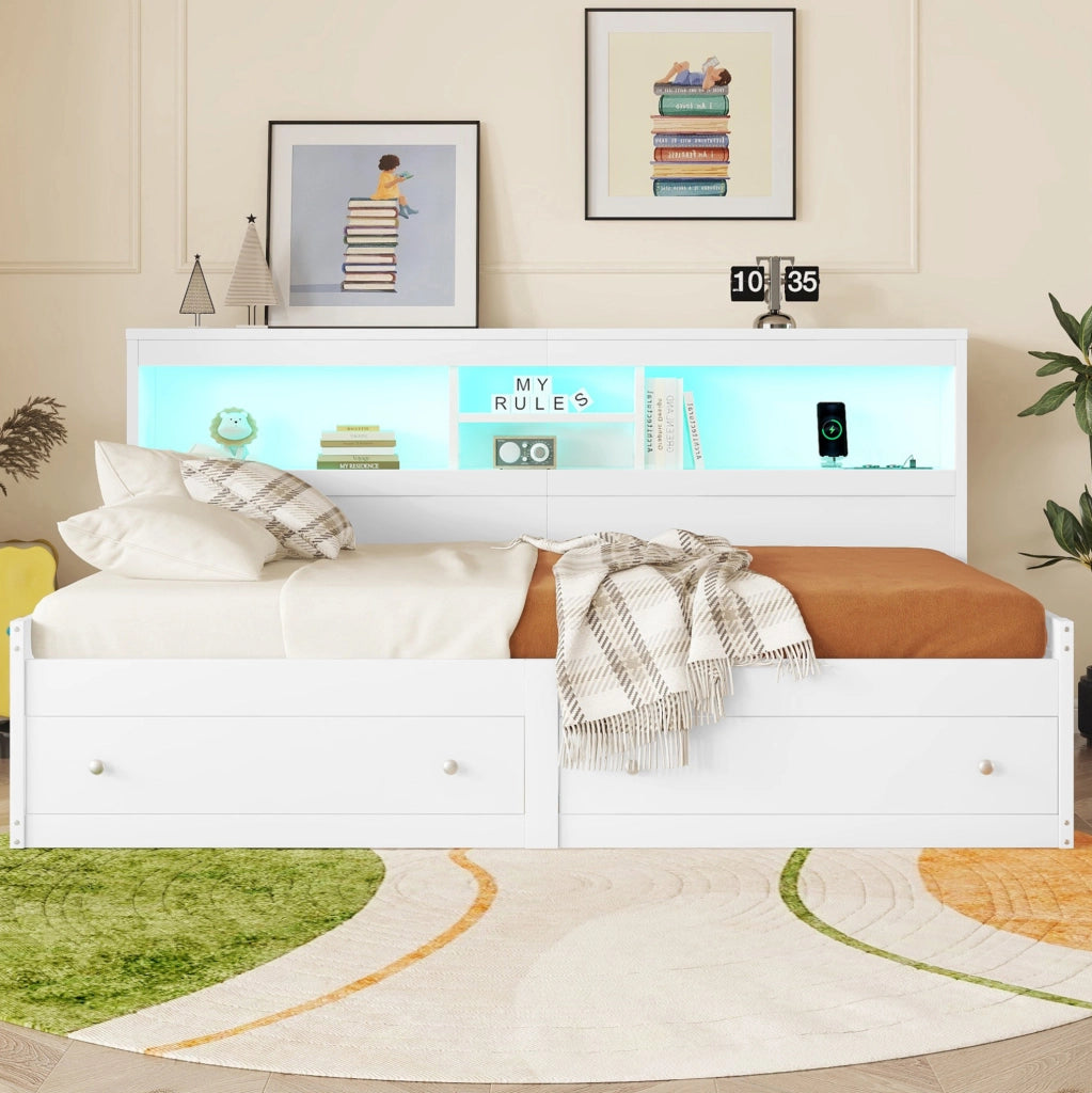 Letto da giorno 90x200 cm con LED, USB, prese e cassetti