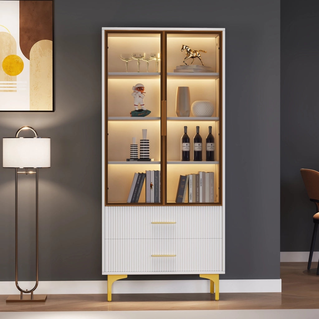 Vetrina in Vetro con Ante e Luce LED ¨C Xylo ¨C Dorato, 70x35x150 cm
