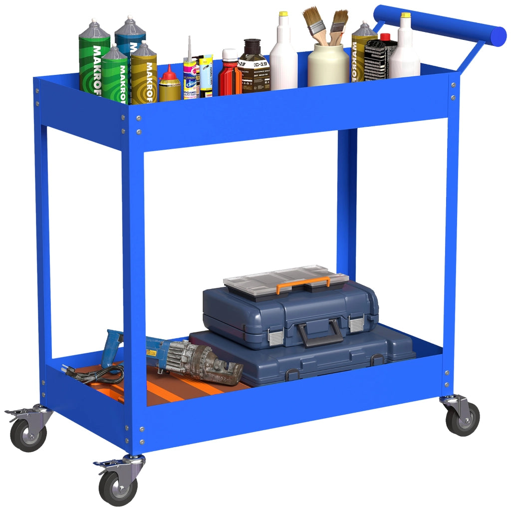 Carrello da lavoro a 2 livelli con maniglia laterale e ruote bloccabili ¨C zephmum ¨C 84.5x38x84cm blu