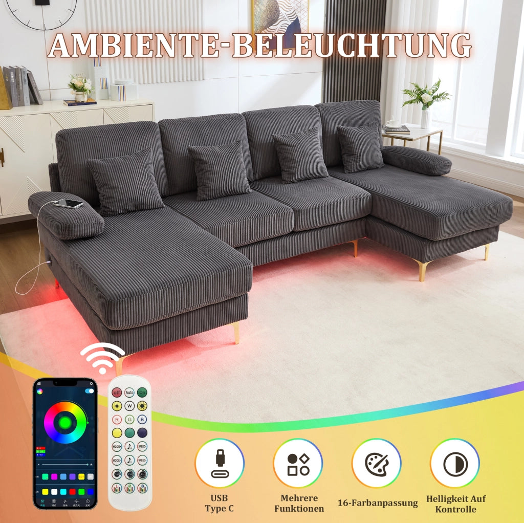 Divano a U con LED e porta USB 265x135x88 cm; in velluto grigio