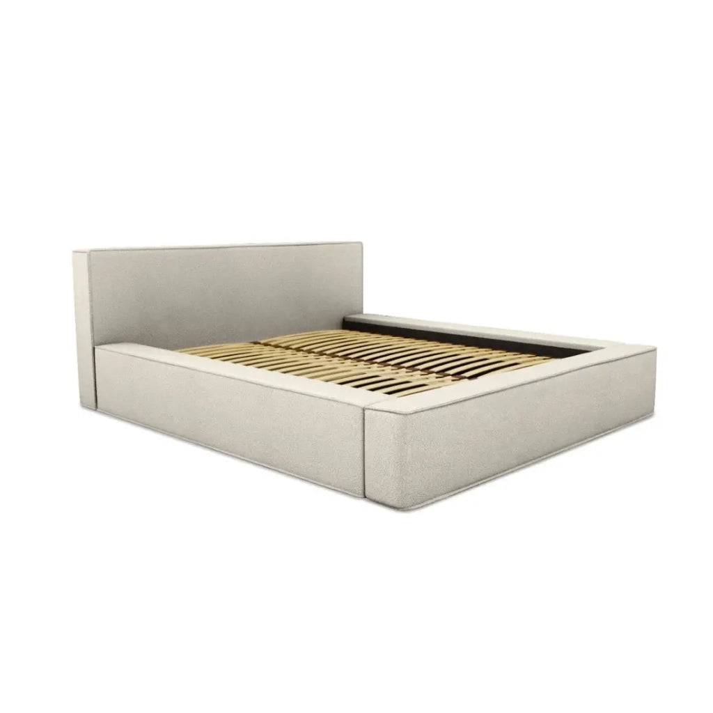 Letto contenitore VELORA – Sabbia ricciolata – 180x200 cm – Tessuto effetto lana – Rete sollevabile – Contenitore integrato