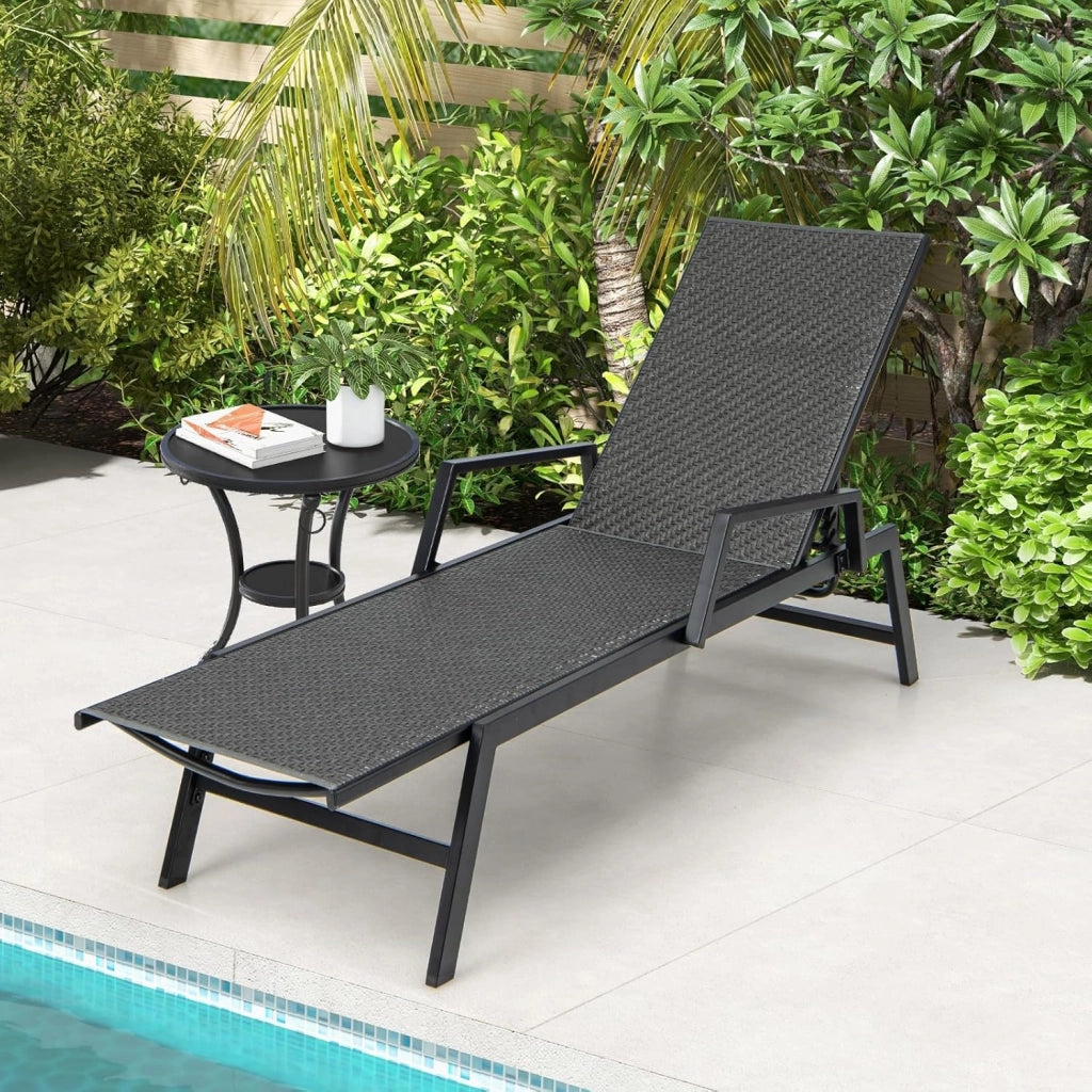 Lettino Prendisole da Giardino in Rattan, Poltrona Reclinabile da Esterno, Sdraio Giardino con Schienale Regolabile in 5 Posizioni, Telaio in Metallo Robusto, per Spiaggia, Balcone, Piscina