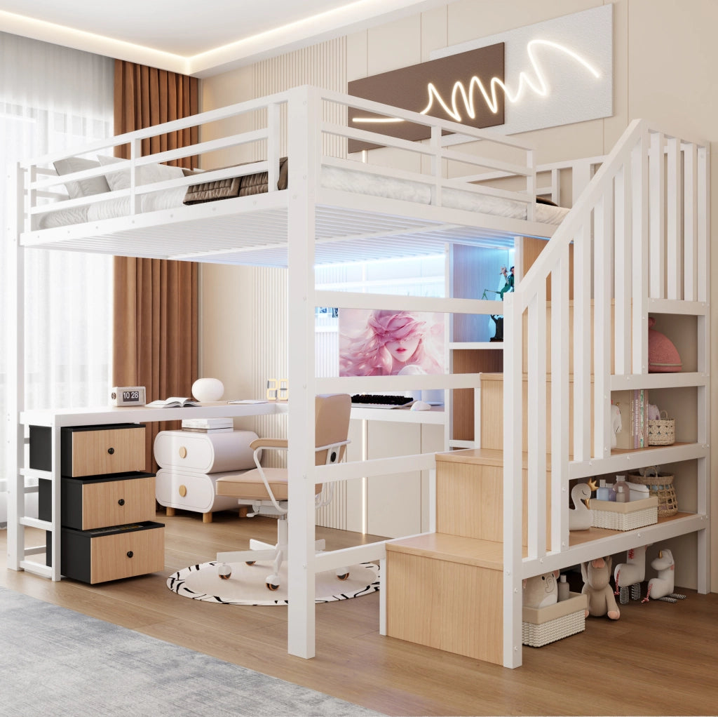 Letto a soppalco 140x200 cm in metallo e MDF bianco con scrivania; LED e contenitore