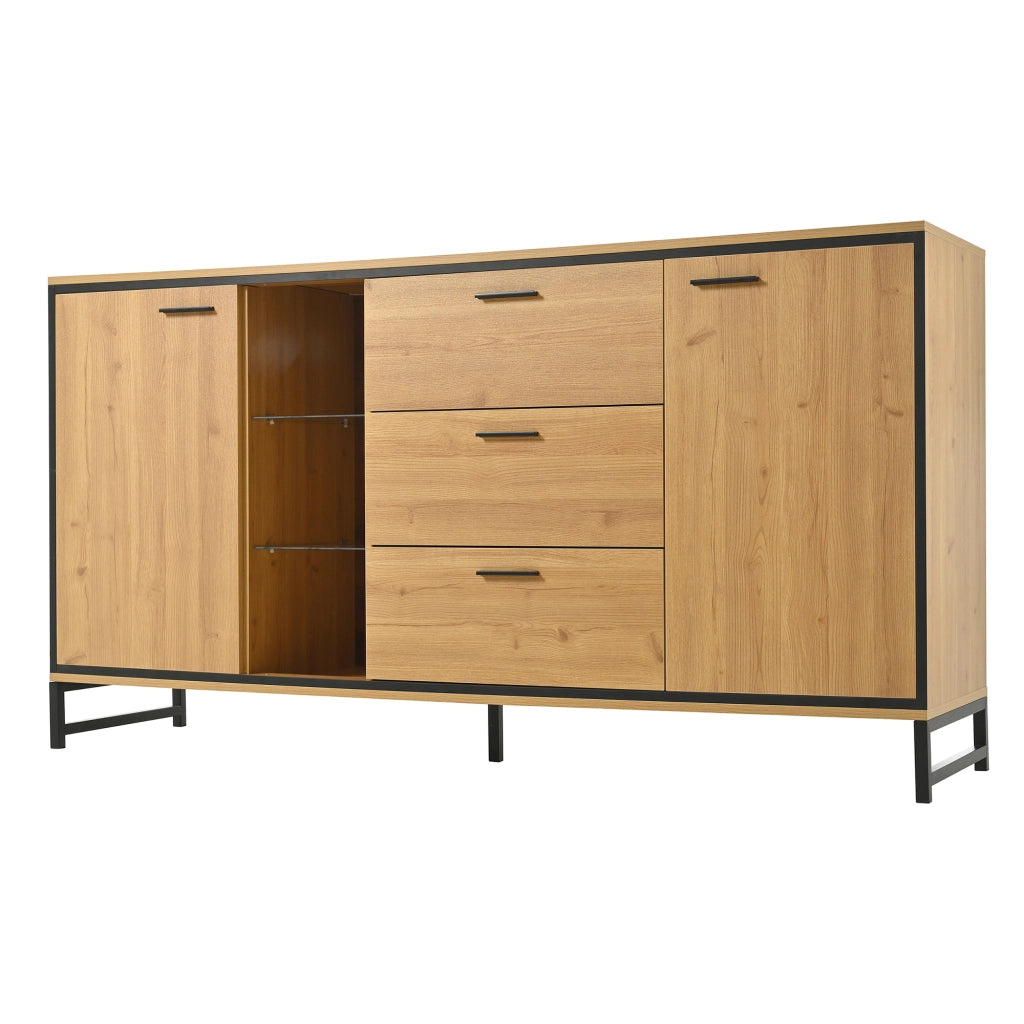 Credenza con 3 cassetti, ripiani regolabili e LED, per soggiorno, legno naturale e nero, 160 × 40 × 85 cm