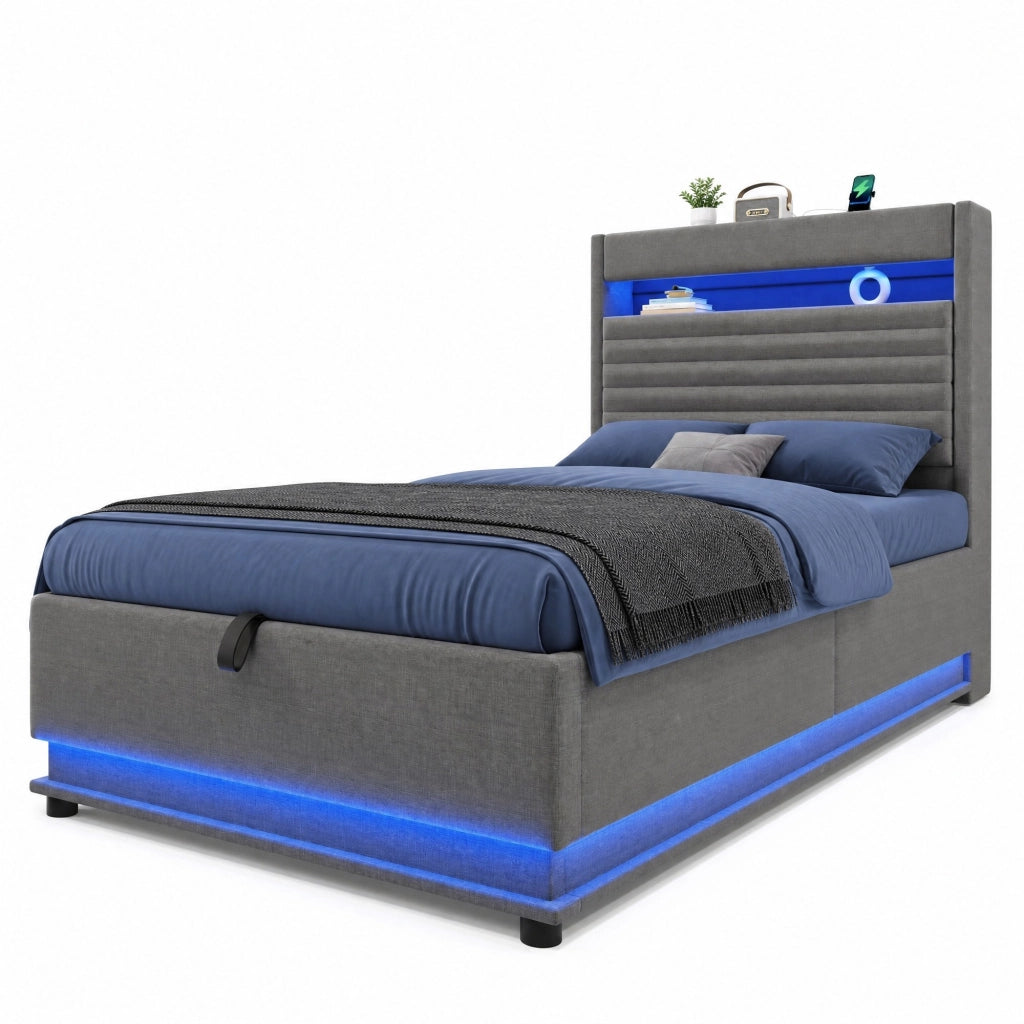 Letto imbottito 90x200 cm con contenitore idraulico, LED, porta USB e USB-C, tessuto lino, grigio, senza materasso