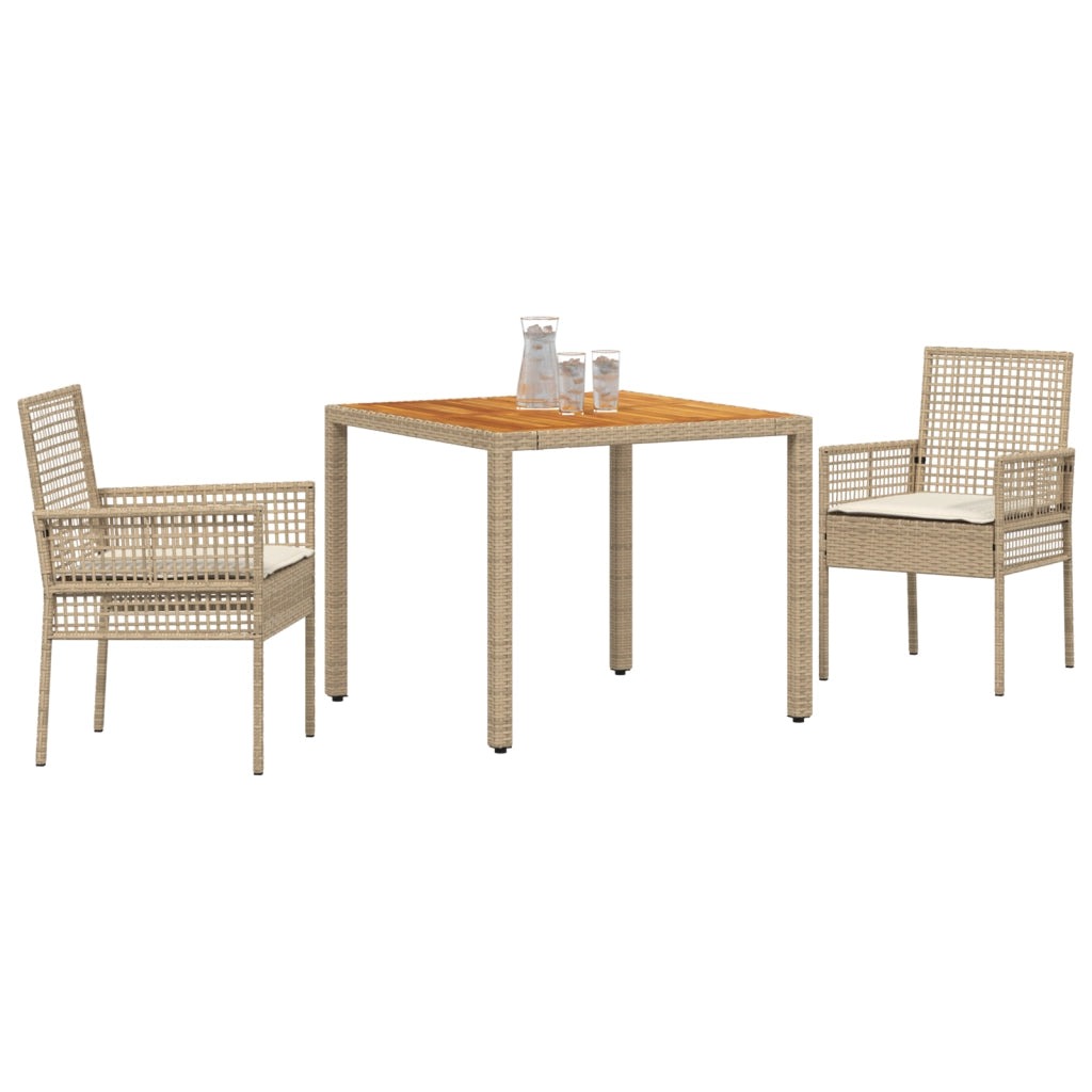 Set da pranzo da giardino 3 pezzi con cuscini beige polyrattan