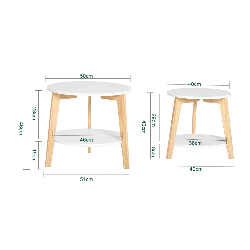 Set di 2 Tavolini Bassi da Salotto in Legno Massiccio di hevea e MDF con 4 Ripiani Bianco FBT75-W