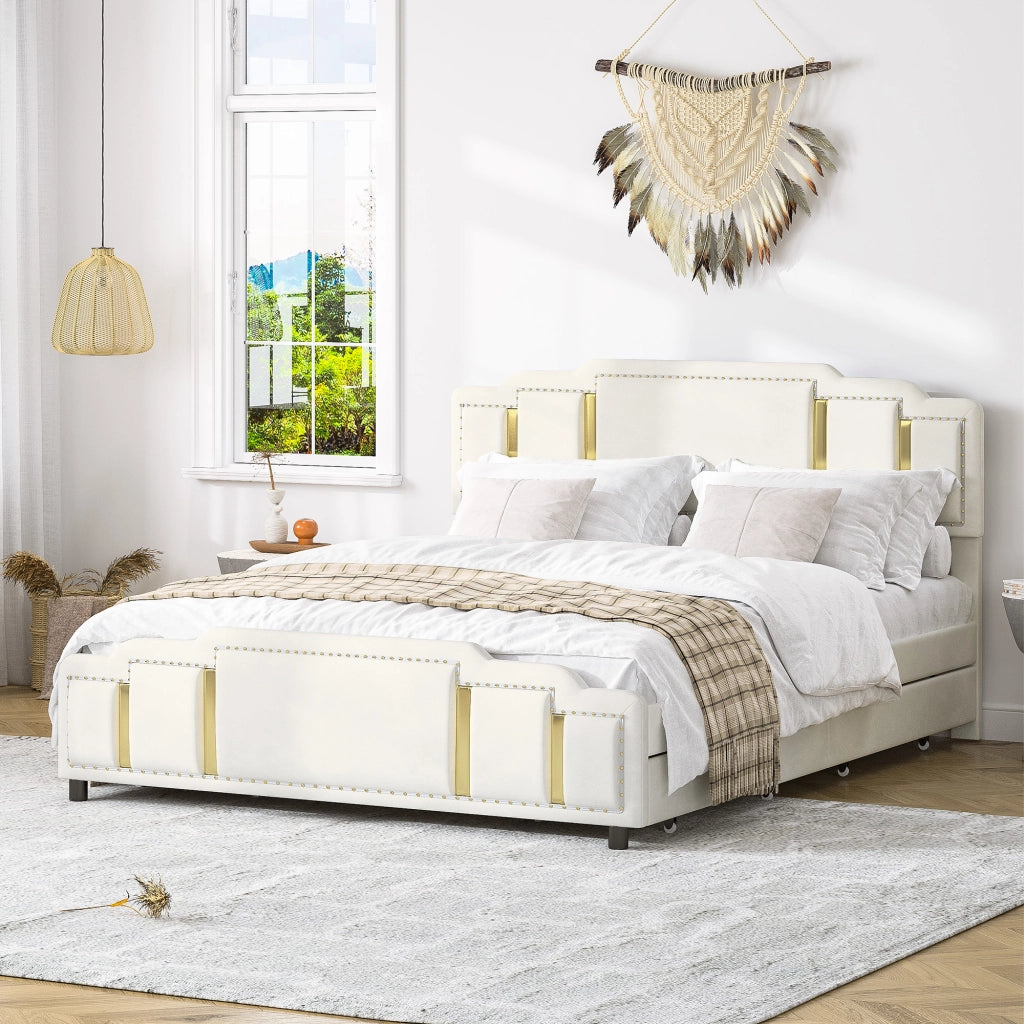 Letto matrimoniale 140 × 200 cm con 4 cassetti, LED regolabile, rivestimento in velluto, senza materasso, beige