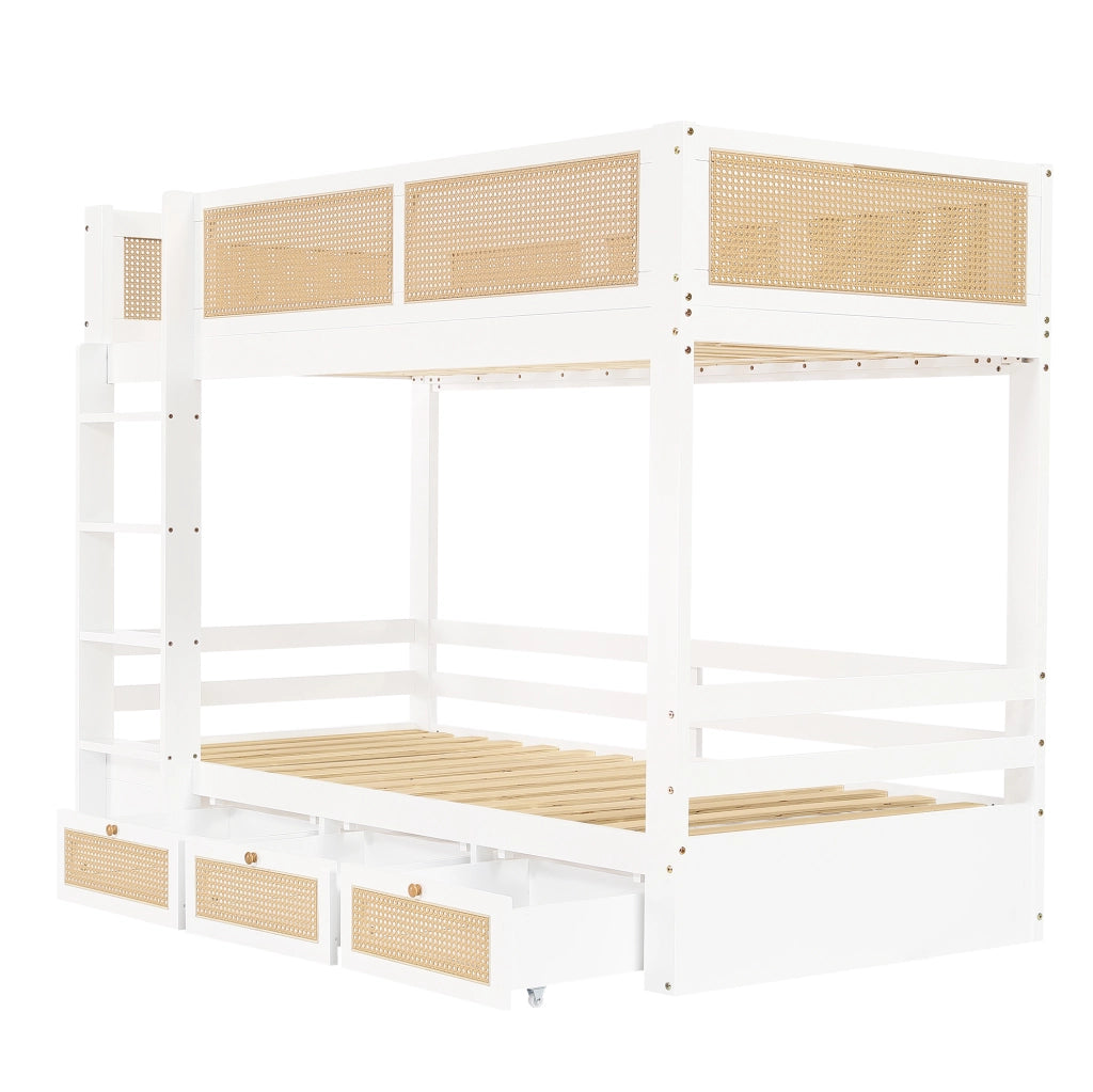 Letto a castello 90x200 cm con 3 cassetti e sponde di sicurezza; bianco e naturale