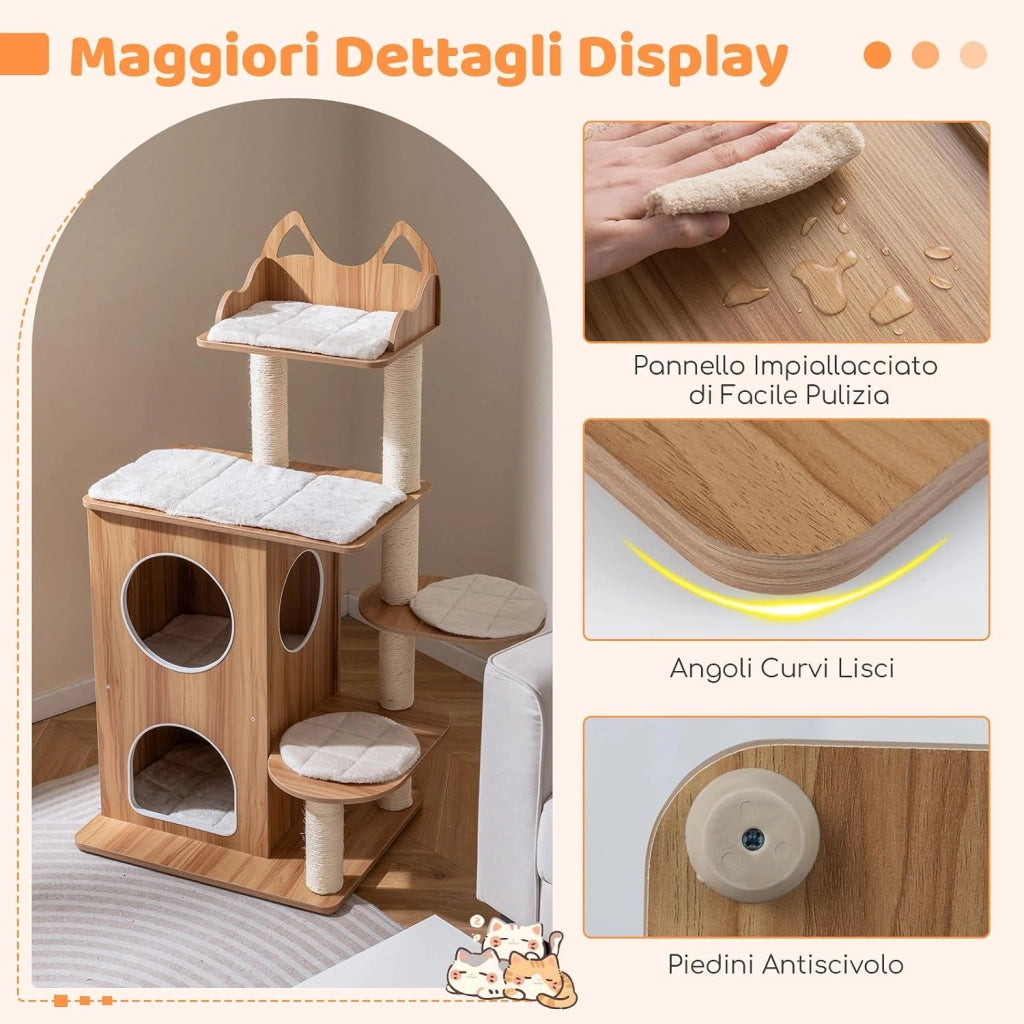 Albero per Gatti in Legno, Tiragraffi per Gatti per Interno con Condominio a 2 Piani, Piattaforma Superiore a Forma di Testa di Gatto, Posti per Grattare in Sisal e 3 Piattaforme con Cuscini
