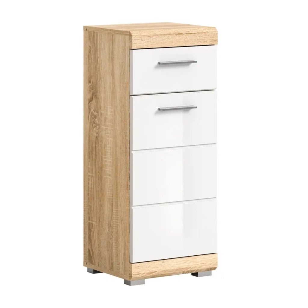 Armadio da bagno LEWOTO - 1 porta e 1 cassetto - Bianco e rovere chiaro