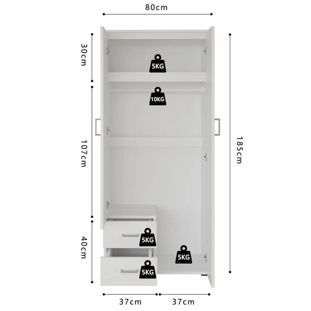 Armadio 2 porte con specchio TOM - Dimensioni H185 x L80 x P52 cm - Colore bianco - Stile design
