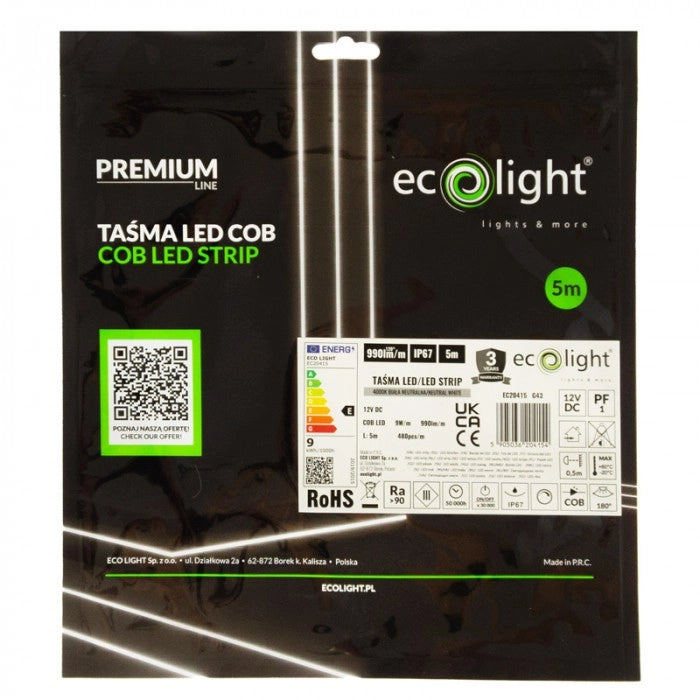 Striscia LED COB 480 9W/m 4000K 990lm/m 12V IP67 5m