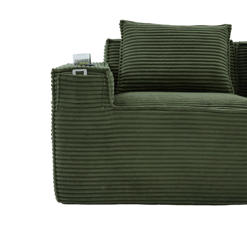Divano modulare a 2 posti in velluto a coste con portabicchieri e tasche laterali verde 188 × 90 × 75 cm