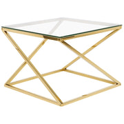 Tavolino da caffè con struttura in acciaio dorato e piano quadrato in vetro dal design glam geometrico