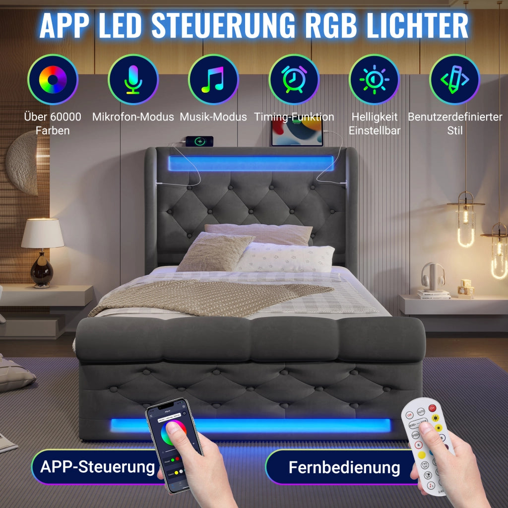 LETTO imbottito contenitore 90x200 cm velluto grigio con LED e USB + Type-C