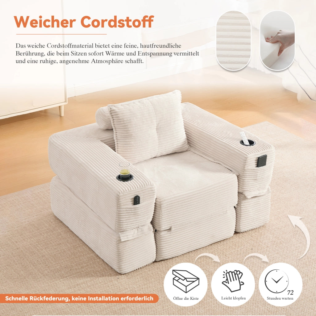 Divano letto modulare con seduta in schiuma e molle, tasche laterali e portabicchieri in velluto a coste beige