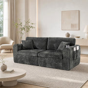 Divano dritto 2 posti con porta USB, tasca laterale, portabicchieri e cuscini, in Ciniglia, Nero