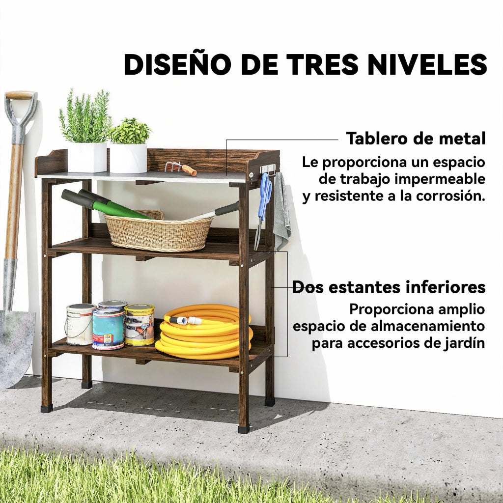 Tavolo da Giardino con Ripiani e Ganchi ¨C Zephmum ¨C Legno e Metallo Carbonizzato 76x37x89 cm