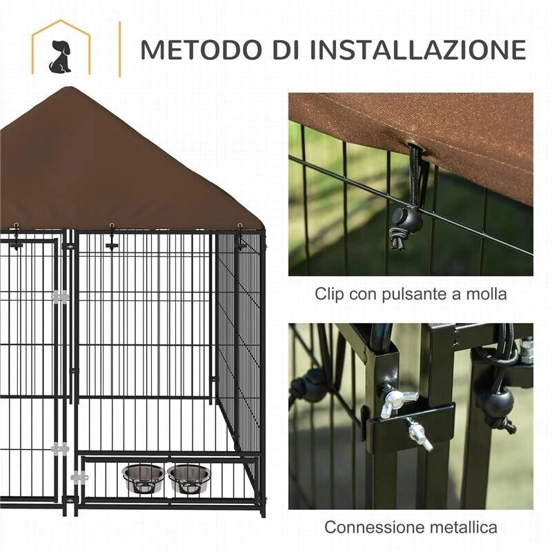 RECINTO PER CANI IN METALLO E TESSUTO OXFORD CON PORTICINA PER CIOTOLE, 141X141X151 CM, NERO E MARRONE