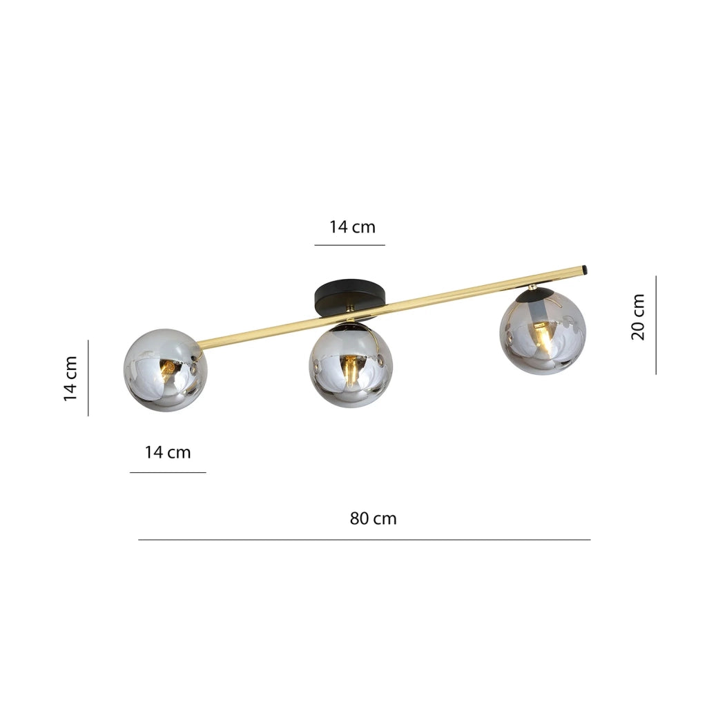 Plafoniera Contemporanea 3 Luci Eracle In Acciaio Oro/Nero E Sfere Vetro Fumè