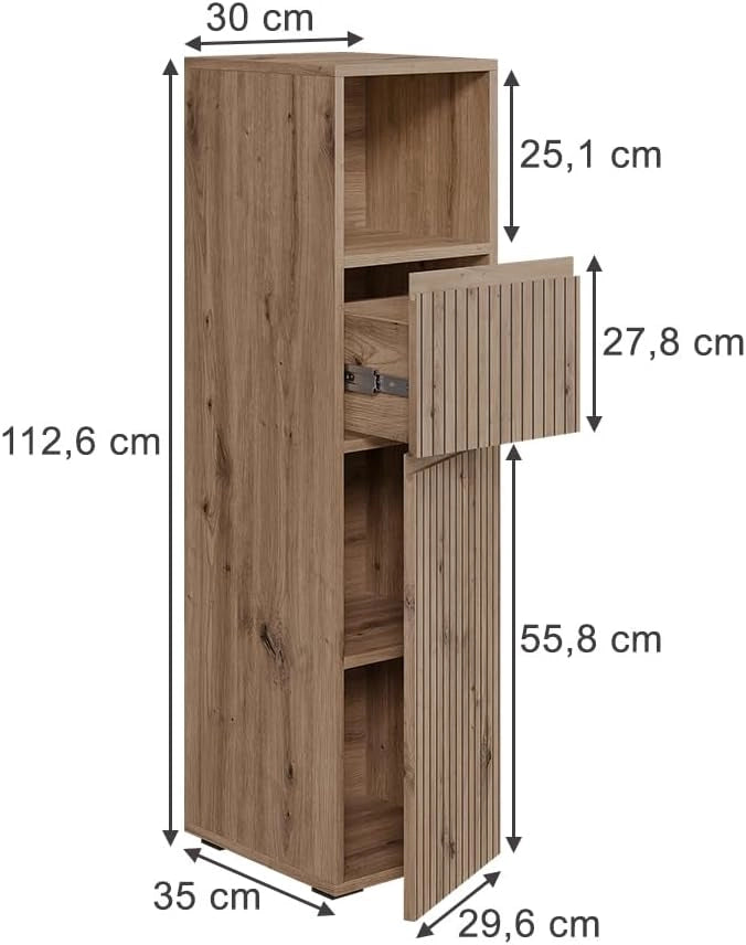 mobiletto bagno Takumi, Artigiano, 30 x 112.6 cm con cassetto e anta, per la conservazione e l'organizzazione degli accessori da bagno