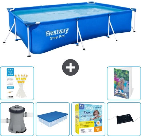Piscina in Acciaio Reclinabile Pro - 300 x 201 x 66 cm - Blu - Inclusa Pompa Copertura - Kit Manutenzione - Mat Matinata - 7 pezzi
