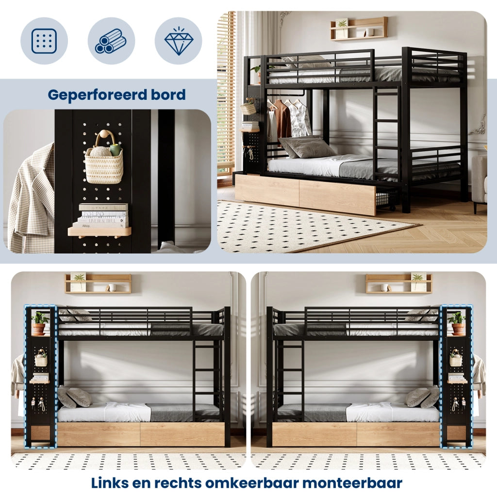 Letto a castello 90x200 cm in metallo e MDF; nero; con 2 cassetti e luce LED