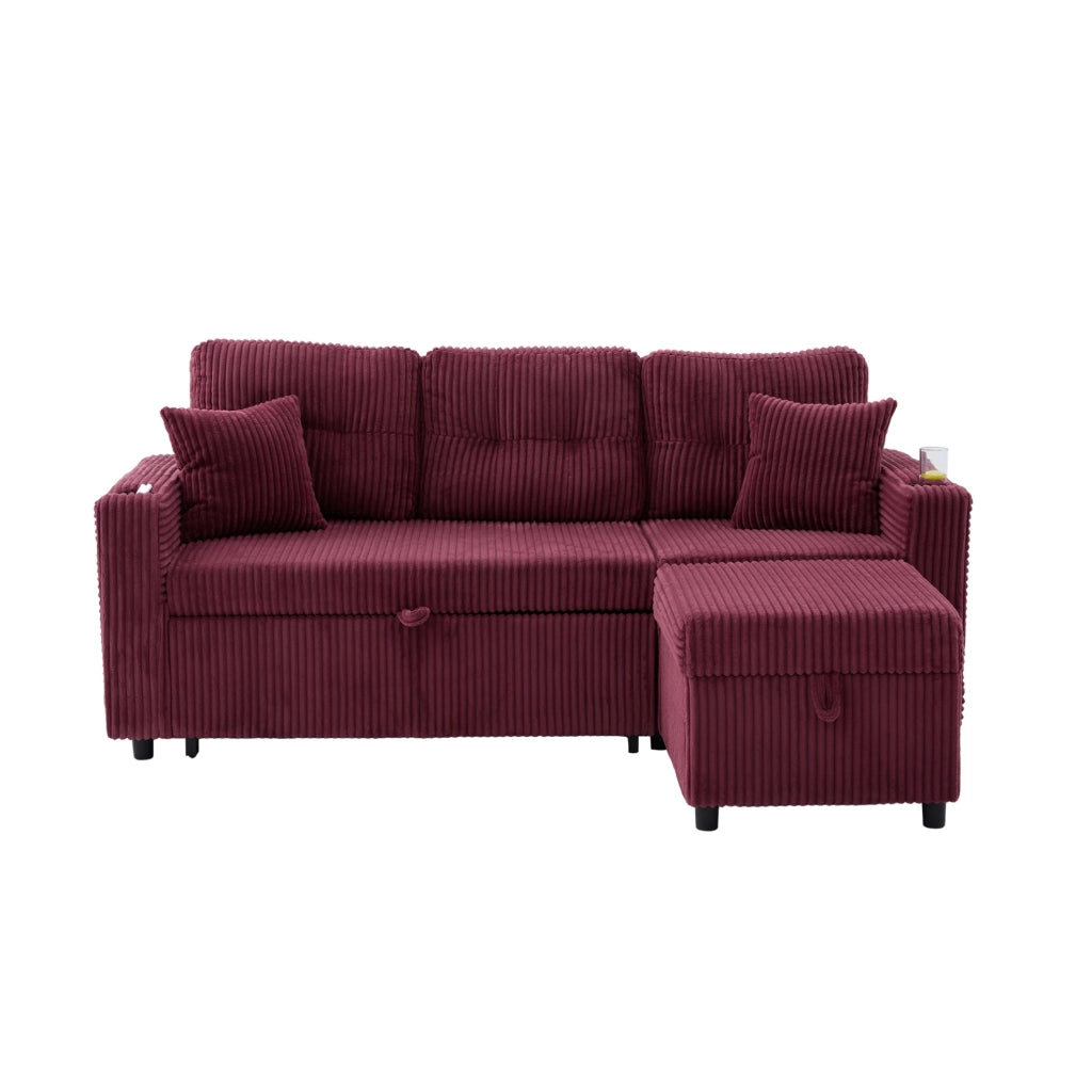 Divano letto in corduroy con contenitore; USB-C e LED; 196 cm; rosso vino
