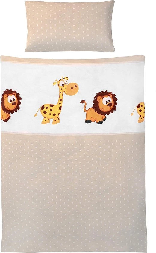 Set di coperte per lettino per bambini a due pezzi con tema animale e chiusura a raccordo integrata, di 100% cotone (qualità rinforzata), copertina 135 x 100 cm e cuscino 60 x 40 cm (giraffa e leone)