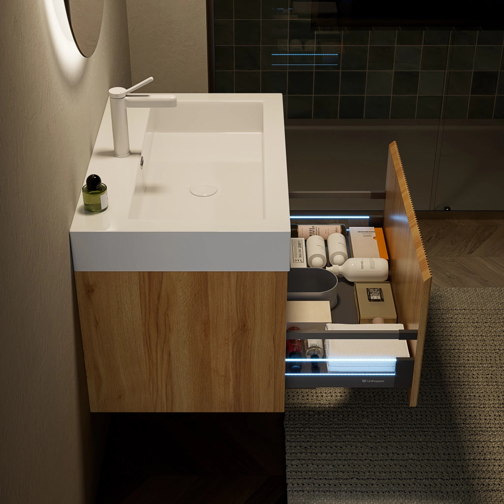 Mobile bagno sospeso con lavabo integrato e 1 cassetto con illuminazione LED per bagno; 70×46×50 cm; bianco e rovere
