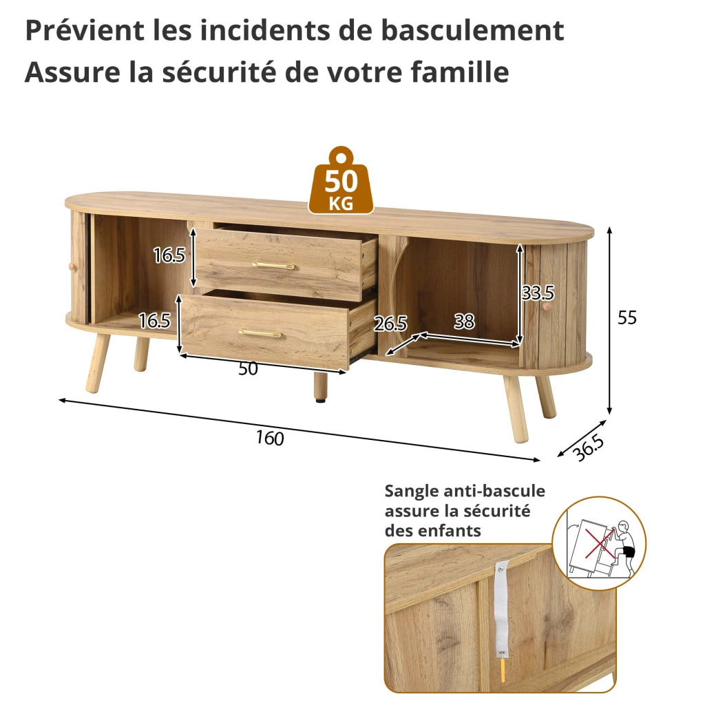 Mobile porta TV con 2 ante scorrevoli e 2 cassetti effetto scanalato verticale per soggiorno naturale 160 × 36,5 × 55 cm