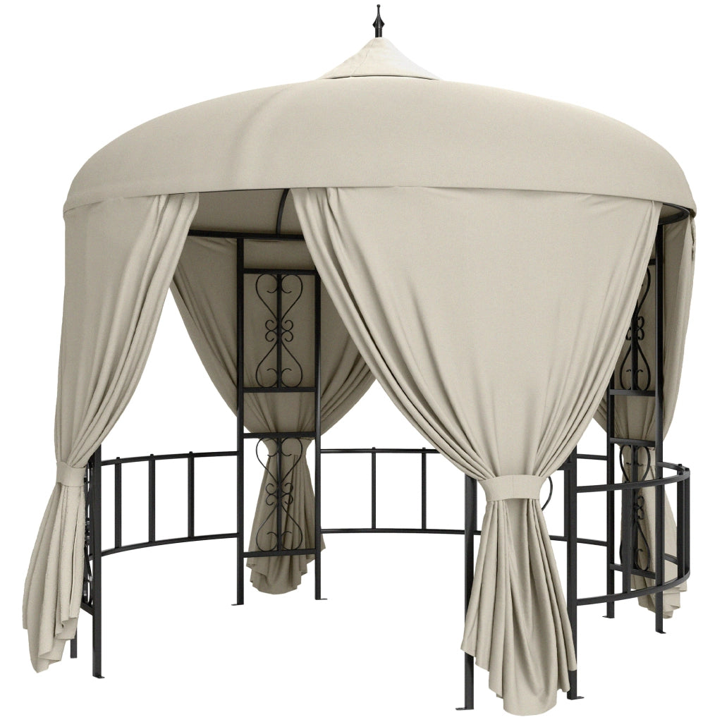 Gazebo da Giardino Rotondo ?3m con Tende e Prese d'Aria in Metallo e Poliestere, Beige