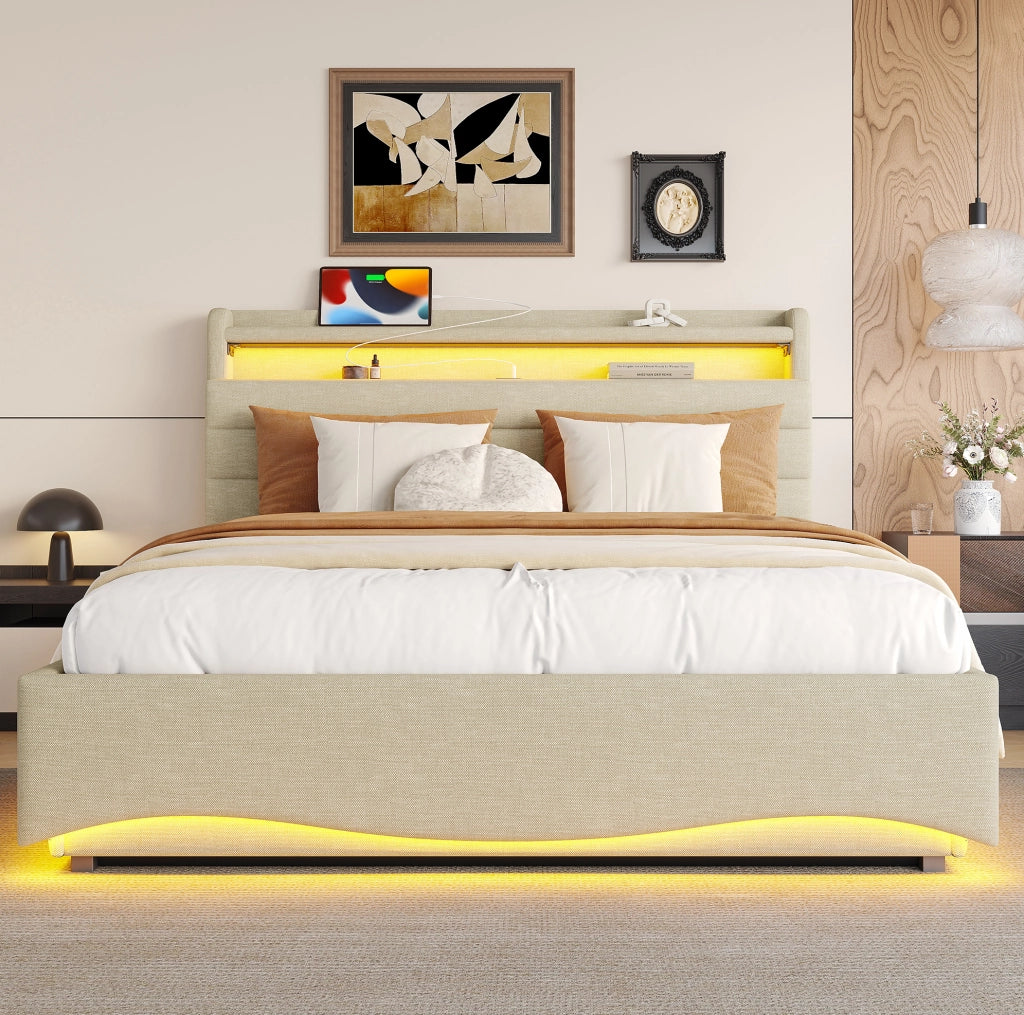 Letto imbottito 140x200 cm beige con LED, USB e Type-C
