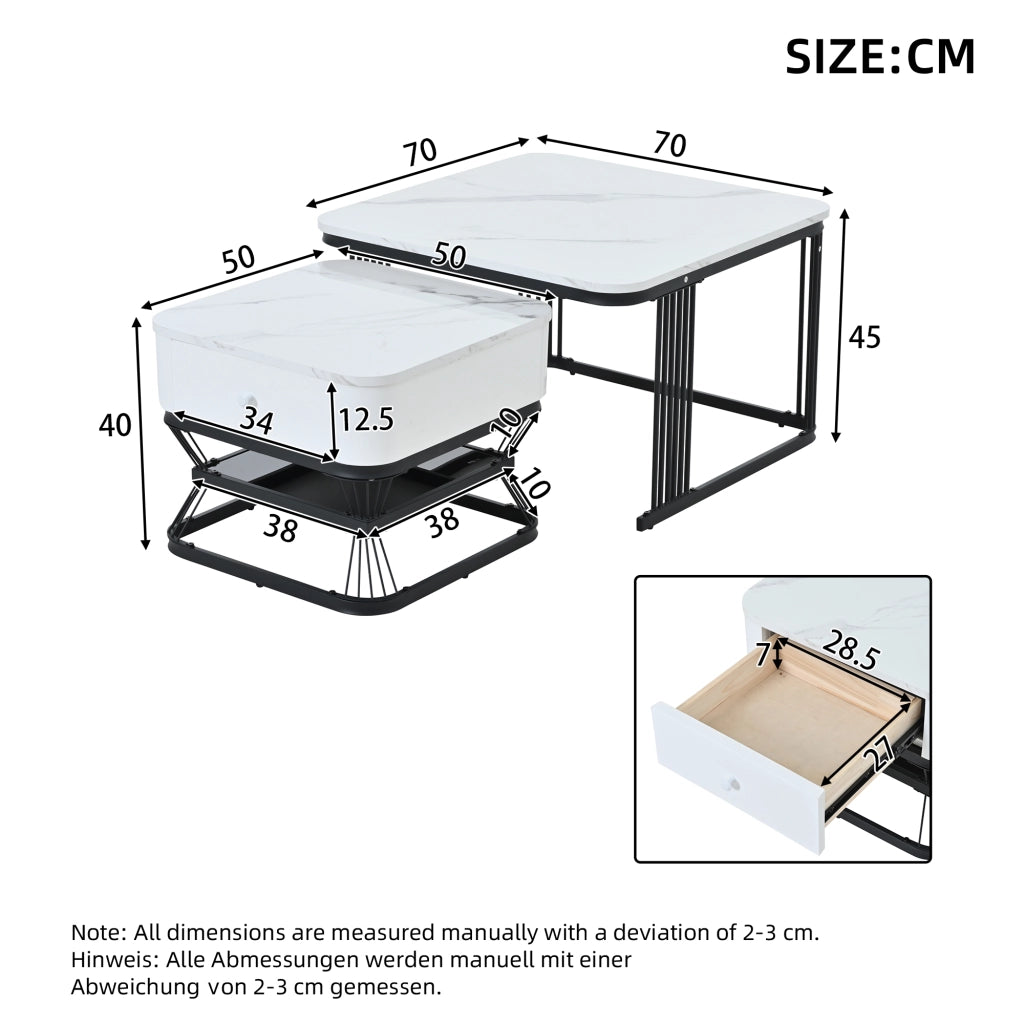 TAVOLINO Set da 2 pezzi 70x70x45 cm + 50x50x40 cm Bianco/Nero effetto marmo