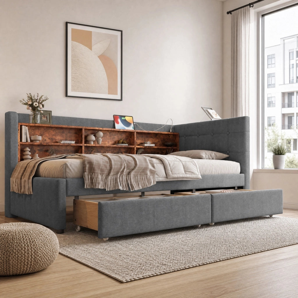 Letto singolo 90x200 cm grigio con cassetti, USB e Type-C
