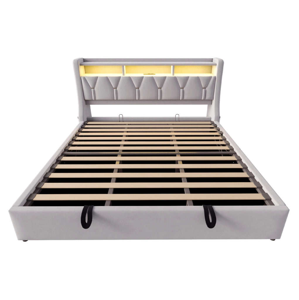 Letto imbottito grigio chiaro 180 x 200 cm con vano idraulico e LED